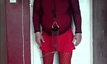 sissy crossdresser swallows piss, doesn't care who watches!