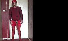 sissy crossdresser swallows piss, doesn't care who watches!