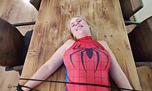 Spider-Maja in cosplay gets caught and fucked hard, showing her big tits and curvy ass