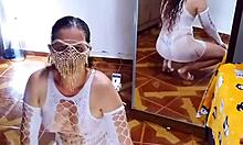 Undressing Sensual White Bodysuit and Black Panties