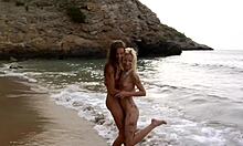 Cheerful Skinny Teen Babes Playing Naked on Sunny Beach