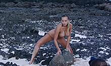 Flexible Teen 18+ Blonde Poses in Natural Positions on the Beach