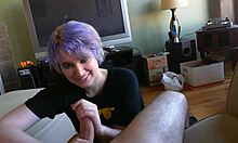 Interesting Young Babe With Purple Hair Wanks Guy