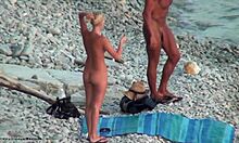 Skinny young couple goes fully naked on sunny beach