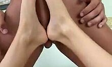 Skillful blonde babe gives footjob in unexpected positions