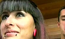 Cheerful brunette strips in lingerie and lets guy finger her perfect body. She moans as he explores her deeply.