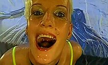 short hair blonde can't stop taking in her nasty liquid lunch