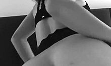 Bubble butt brunette uses huge dildo on her ass and pussy