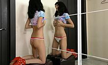 hairy pussy brunette masturbates with toys in front of mirror!