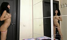 hairy pussy brunette masturbates with toys in front of mirror!