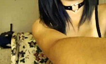 Beautiful amateur camgirl strips in black, teasing her big natural tits and perfect body with dildo toys on webcam