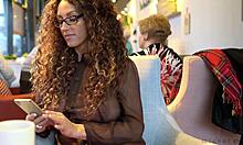 Curly-haired amateur beauty, wanna see my tits through this blouse in public?