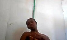 Ebony girlfriend playfully teases hidden camera in bathroom 😉