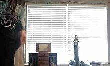 Girlfriend in black panties dresses after hidden cam striptease