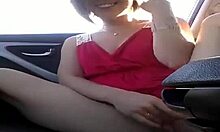 red dress amateur fucks her juicy pussy in the backseat