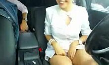 slutty babe in revealing panties masturbates in a car