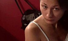 Amateur brunette strips naked in bathroom for hidden voyeur