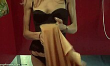 slim blonde strips thong and shows her pussy