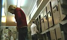 Watch this blond babe in red lingerie strip and show off her ass on hidden cam?