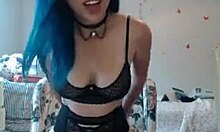 my girlfriend in black lingerie masturbating with a dildo on webcam