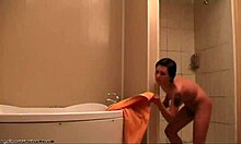 Tattooed skinny GF showers, shaved pussy exposed.