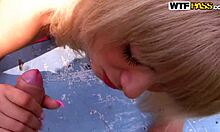 Look at this blonde taking two facial cumshots by the roadside