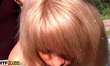 Look at this blonde taking two facial cumshots by the roadside