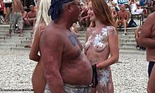 Tanned Blonde Teasing and Playing with Girlfriend on Hidden Beach Cam