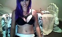 Purple-Haired Camgirl in Black Bra Smiles and Seduces on Webcam