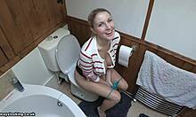 Ponytailed Blonde Strips Panties to Pee in Secret