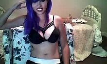 Purple-Haired Camgirl in Black Bra Smiles and Seduces on Webcam