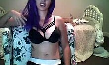 Purple-Haired Beauty Teases Breasts And Dildo On Webcam