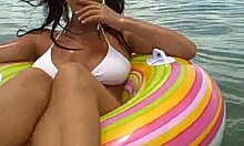 Perfect girl with great ass enjoying in the water, teasing her big tits?