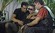 Classic Threesome Scene with Hot Brunette in Stockings on Vintage Couch