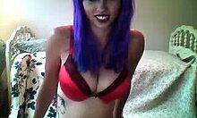 Purple-Haired Girlfriend Shows Off Her Sexy Rack, Teasing with Toys on Webcam
