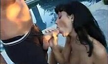 Lovely girlfriend model sucked and fucked poolside, exposing long legs and trimmed pussy.