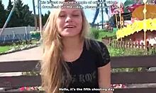 barely legal blonde vixen exposes tits in public nature. gets pov blowjob and facial.