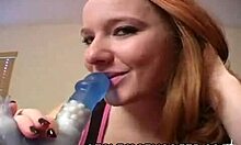 Athletic Red-Haired Bimbo Starts Licking Her Long Blue Dildo On Webcam