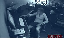 Horny chick spreads pussy and masturbates at office