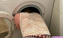 My Neighbour in Miniskirt Stuck in Machine, So I Toyed with Her Hairy Pussy and Came on Her