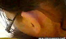 Her heart pounding, the brunette ex-girlfriend performs blowjob and masturbation, revealing shaved pussy and natural tits