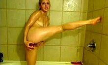 Flexible Gal Spreading Asshole, Masturbating with Dildo in Bathroom