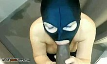 Masked slut intensely sucks big black cock in changing room POV