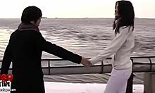 The enthusiastic skank performs fellatio on her boyfriend outdoors.