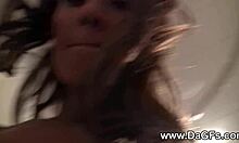 Petite 18+ brunette teases shaved pussy in bathroom mirror