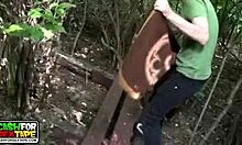 Tramp Holds Tree During Wild Nature Fucking