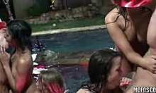two pals and four girls getting wet at the party orgy