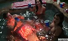 two pals and four girls getting wet at the party orgy