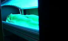 Horny chick masturbates in tanning booth before POV blowjob and fucking.