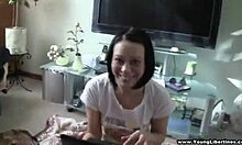 A woman with green eyes and a blowjob and a fuck with a man and on him